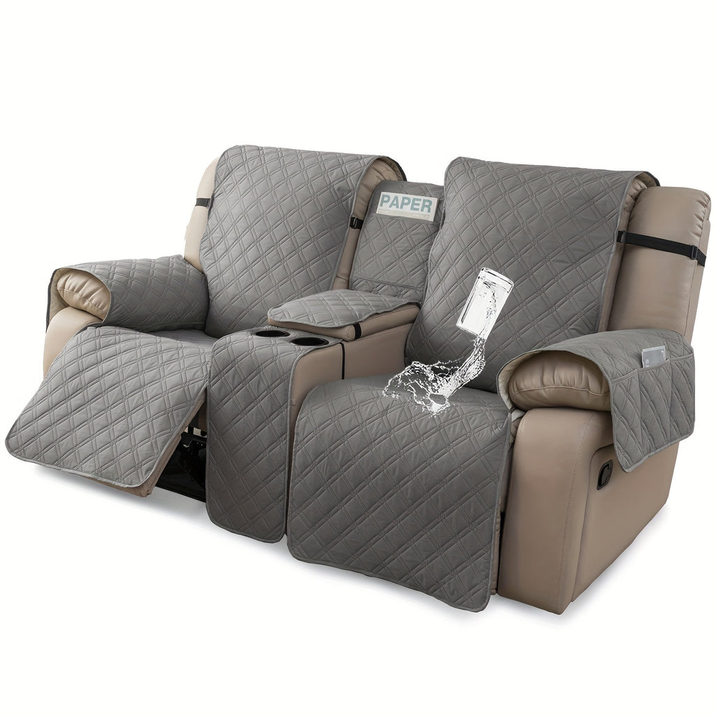 Recliner Loveseat Cover with Console 4-Piece Chenille Quilted Waterproof Slipcover | Non-Slip Pet Scratch Resistant Sofa Protector with Cup Holder Pocket, 9 Colors