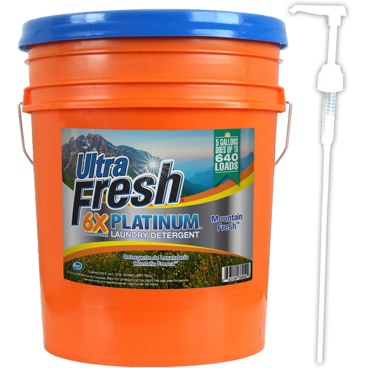 Ultra Fresh 6X Concentrated Liquid Laundry Detergent 5 Gallon with Pump, Up to 640 Loads HE Compatible All Machine Types, No Phosphates No Bleach, 4 Scent Options