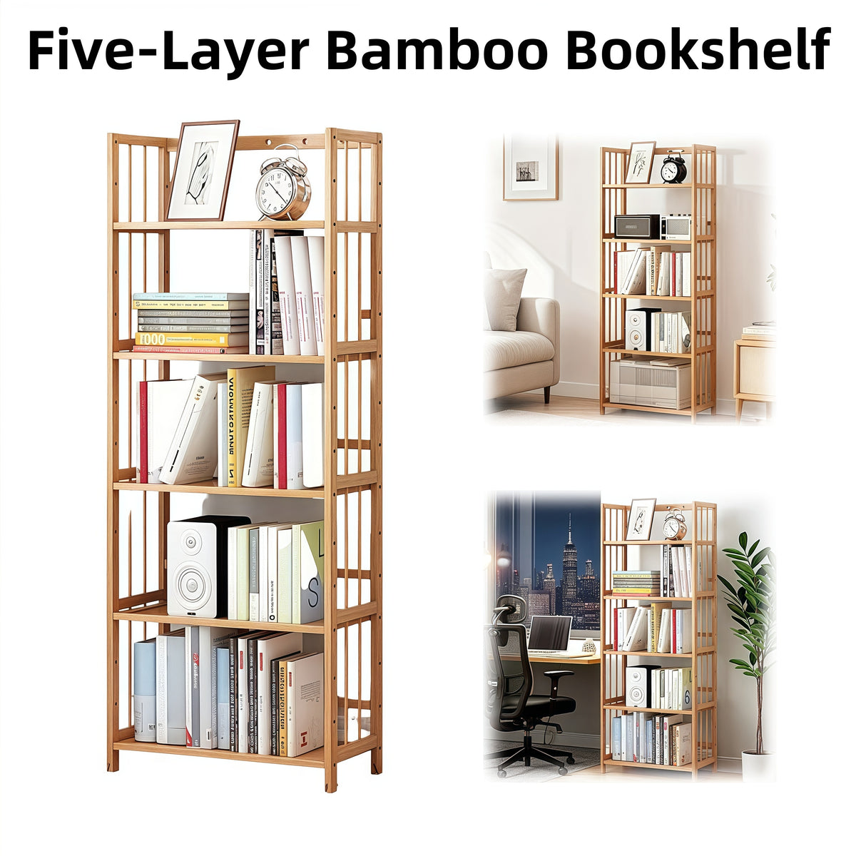 5-Tier Multifunctional Bamboo Bookshelf & Display Rack – Space-Saving Standing Storage Shelf for Home Office Living Room Nordic Minimalist Style Easy Assembly
