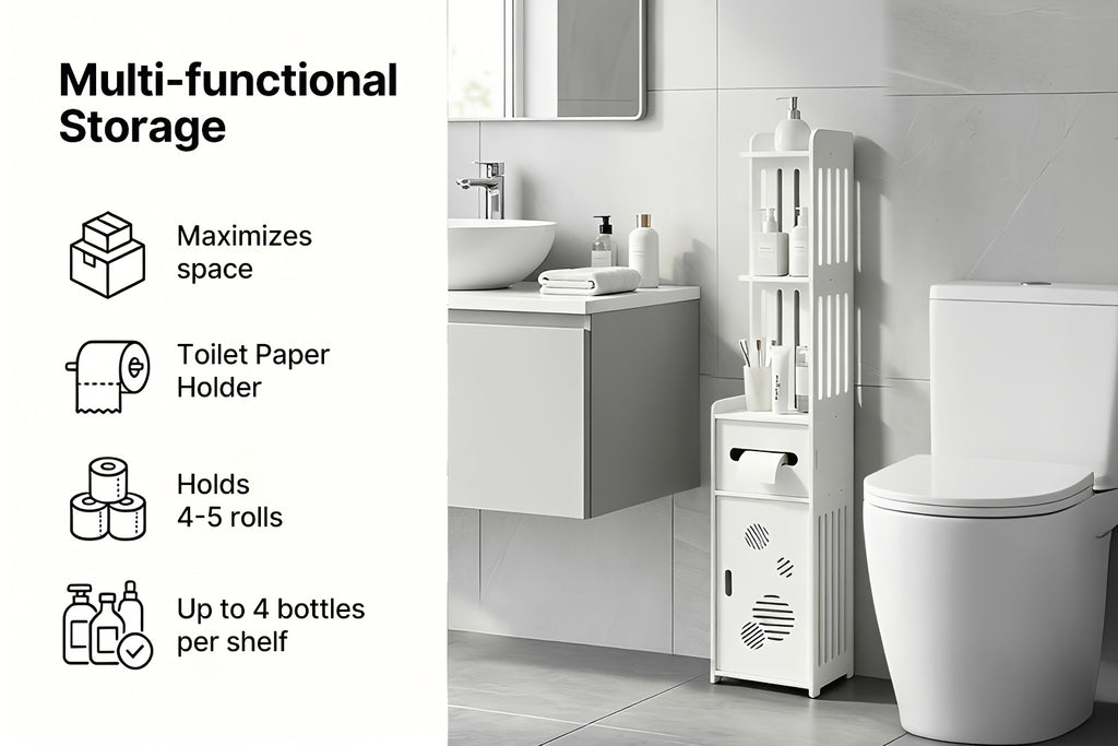 Large Capacity Bathroom Organizer Storage Cabinet with Toilet Paper Holder – Waterproof Dustproof Wall-Mount Bathroom Storage for Kitchen Bedroom Living Room Dining Room, Easy to Install