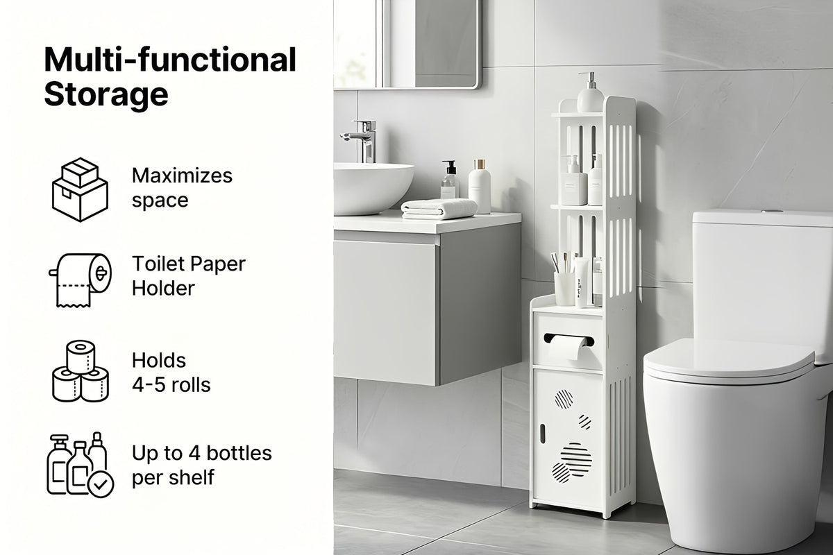 Large Capacity Bathroom Organizer Storage Cabinet with Toilet Paper Holder – Waterproof Dustproof Wall-Mount Bathroom Storage for Kitchen Bedroom Living Room Dining Room, Easy to Install