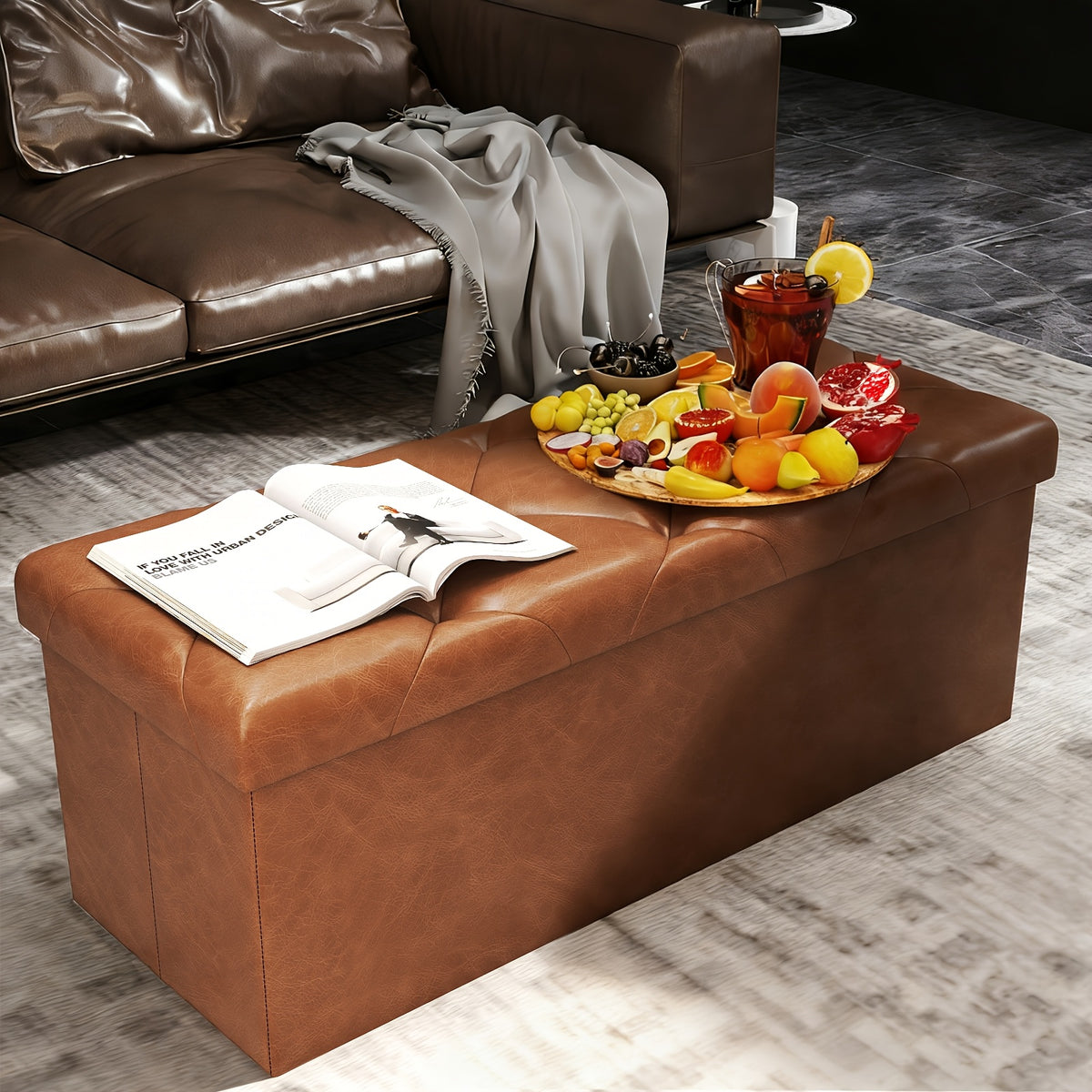Storage Ottoman Bench with Pull-Out Drawer – 880 lbs Capacity Folding Footrest, Synthetic Leather, 30 & 43 Inch, for Living Room Bedroom Office, Grey & Brown