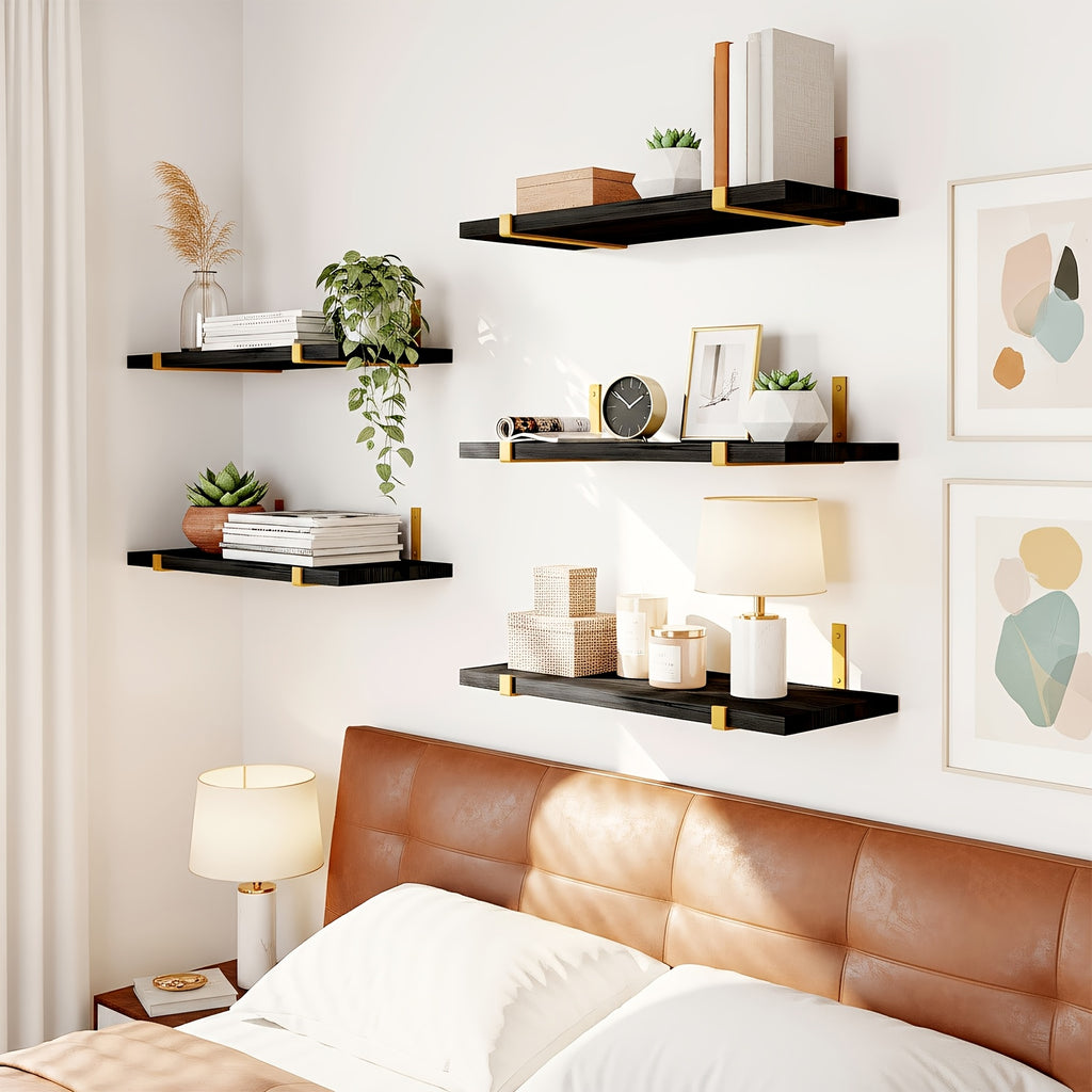 Rustic Floating Shelves Set of 5 Wood Wall Shelves 15.8x4.7 Inch for Bedroom Living Room Kitchen Bathroom Office Plant Display Home Decor Dark Brown Light Brown Black Gold