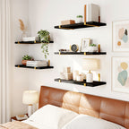 Rustic Floating Shelves Set of 5 Wood Wall Shelves 15.8x4.7 Inch for Bedroom Living Room Kitchen Bathroom Office Plant Display Home Decor Dark Brown Light Brown Black Gold