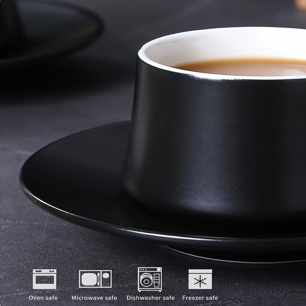 Ceramic Espresso Cup Set of 6 with Saucers Spoons and Metal Stand – 4oz Cappuccino Coffee Cups with Handles for Home Cafe Bar, Black or White
