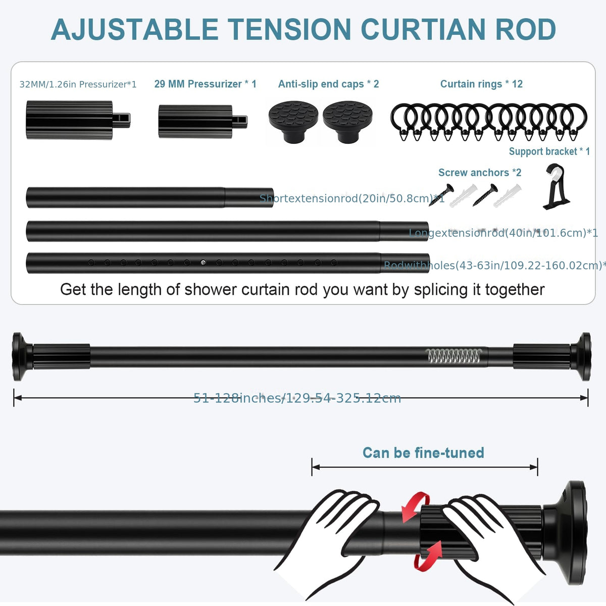 Tension Curtain Rod Adjustable 51-148 Inch No Drill Heavy Duty – Extra Long Spring Pressure Rod for Bathroom Shower Window Patio, White