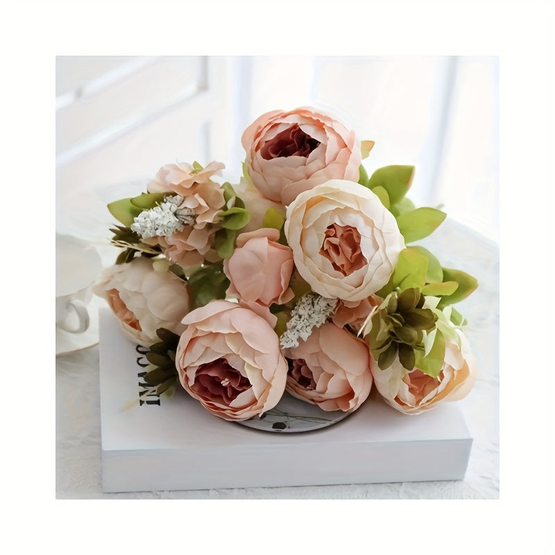 Faux Peonies and Hydrangeas Floral Centerpiece Vintage Rustic Pink Green Mix Artificial Flowers for Bridal Wedding Table Home Living Room Decor