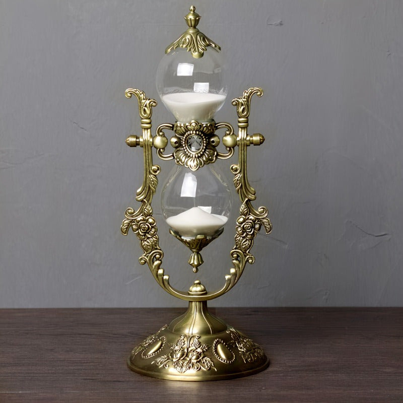 Vintage Brass Hourglass Sand Timer 15 Minute 360 Degree Rotating Engraved Metal Sand Clock for Home Office Desk Decoration Unique Gift