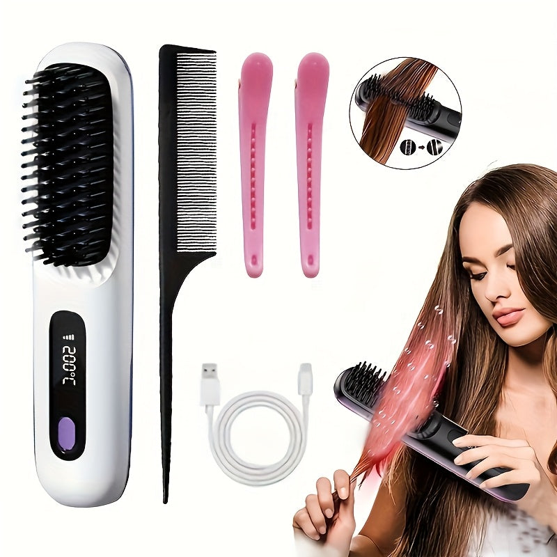 Portable Wireless Hair Straightener Comb USB Rechargeable 3-Speed Temperature Control Negative Ion LED Display Travel Hair Straightener Brush with Comb and Clip