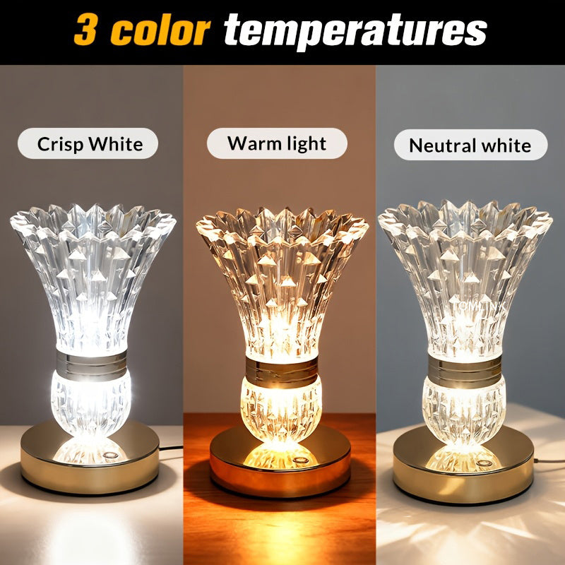 Crystal Table Lamp 2-in-1 Vase & Ambient Light USB Rechargeable Cordless Dimmable Touch Control 3 Color Modes - Bedside Nightstand Desk Lamp for Bedroom Living Room Home Office Decor