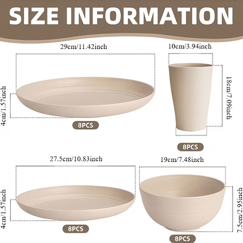 16 or 32pcs Wheat Straw Dinnerware Set Plates and Bowls Microwave Dishwasher Safe Durable Plastic Tableware for 8 – Party Gifts Multiple Colors