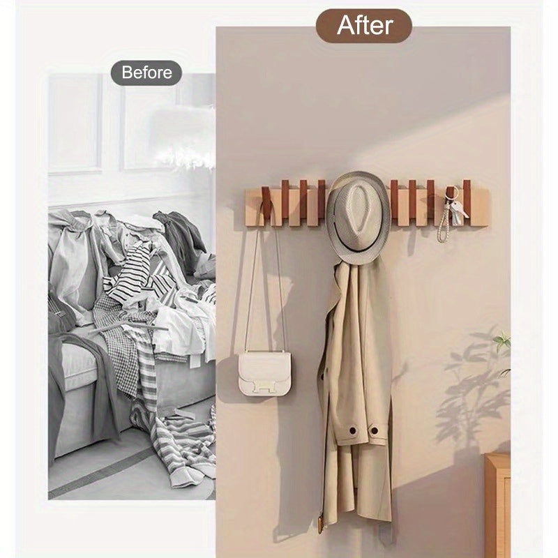 Wall-Mounted Coat Rack Natural Wood – Accordion Hook Rack for Entryway, 4/6/8/10 Hooks, Walnut & Beech Finish, Space-Saving Coat Hanger for Bedroom, Bathroom, Hallway