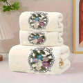 Embroidered Flower Towel Set 3 Piece – Soft Absorbent Bath Towel & 2 Face Towels – Skin-Friendly Polyester Blend, Home & Beach Use, White, Blue, Pink, Gray
