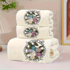 Embroidered Flower Towel Set 3 Piece – Soft Absorbent Bath Towel & 2 Face Towels – Skin-Friendly Polyester Blend, Home & Beach Use, White, Blue, Pink, Gray