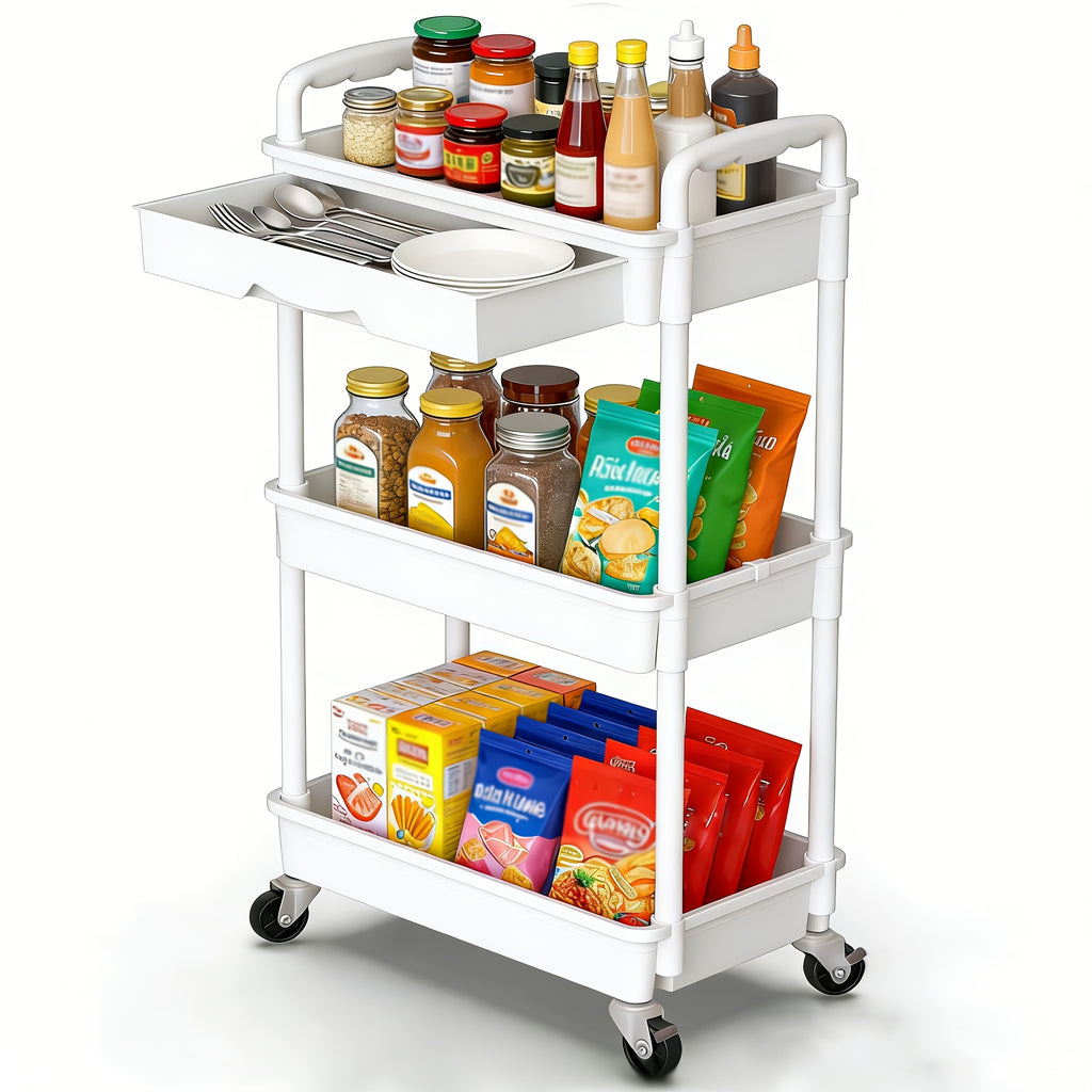3/4-Tier Rolling Storage Cart with Drawers – Plastic Organizer with Lockable Wheels, Cup Holder & Hooks | Kitchen, Bathroom, Bedroom & Laundry Room