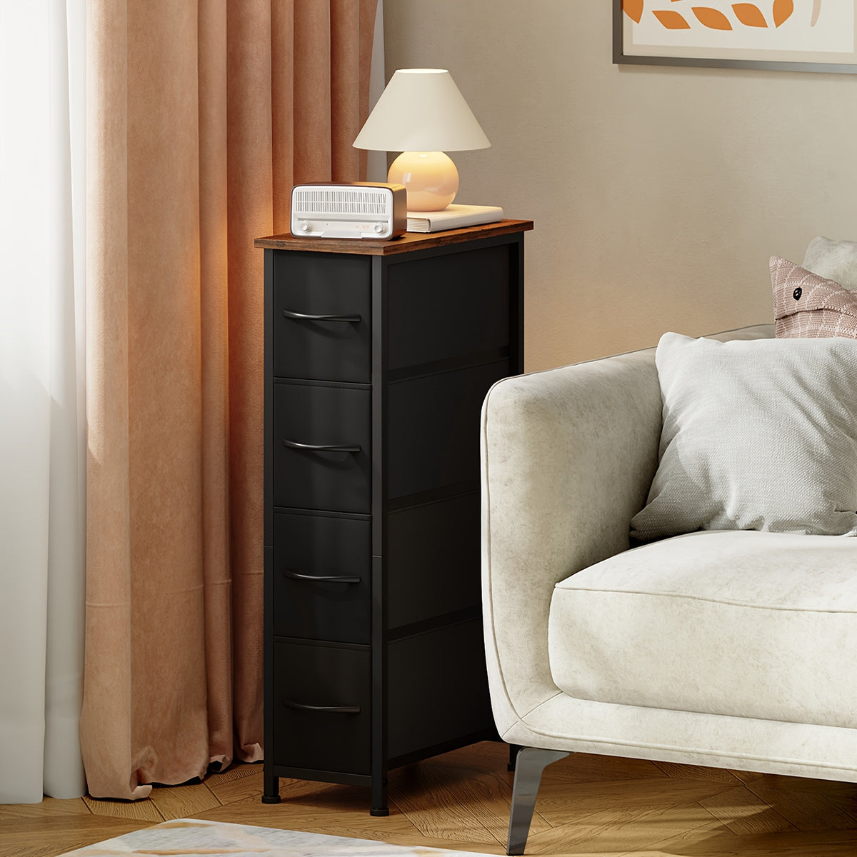 Narrow Dresser with 4 Drawers – Slim Storage Organizer Chest with Removable Fabric Drawers for Bedroom, Bathroom, Closet & Laundry
