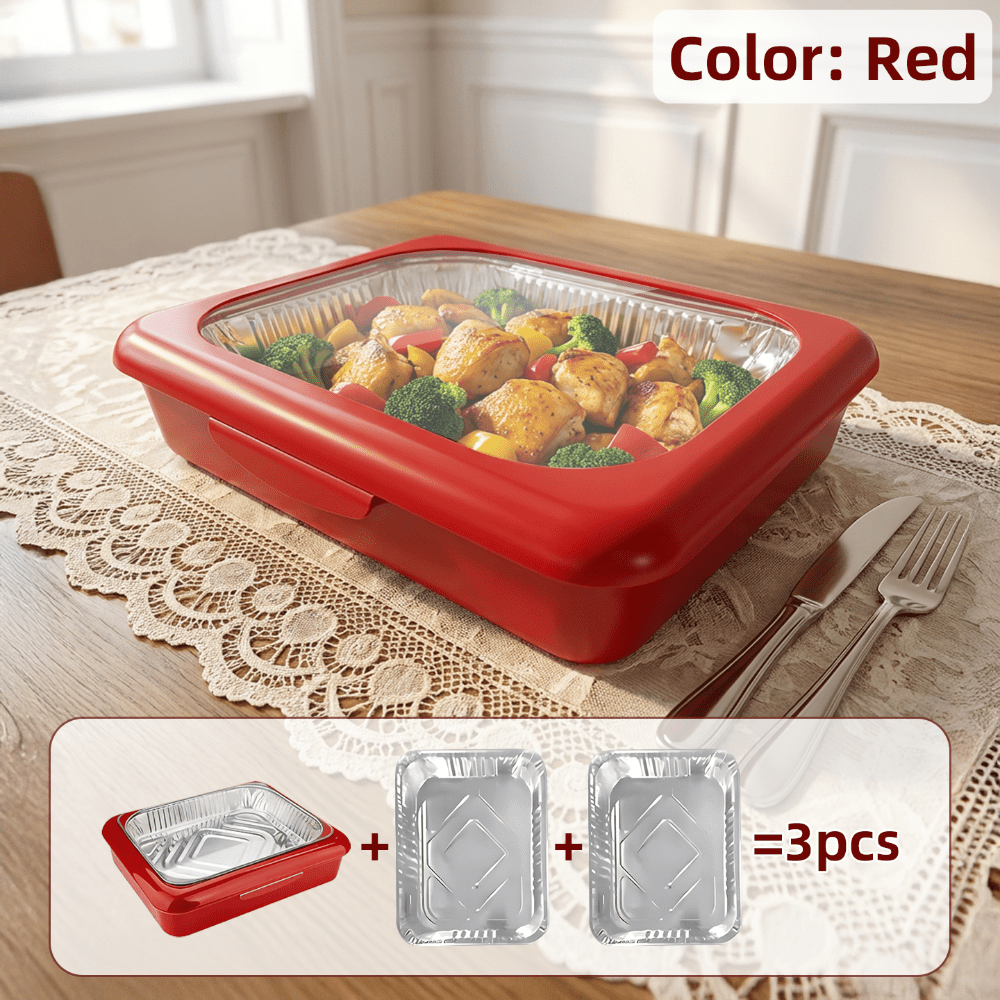 Reusable Food Storage Tray Set 4PCS 2-in-1 Plastic Serving Tray with Foil Trays – Holiday Party Containers for Christmas, Thanksgiving, BBQ & Outdoor Gatherings, White, Red & Black