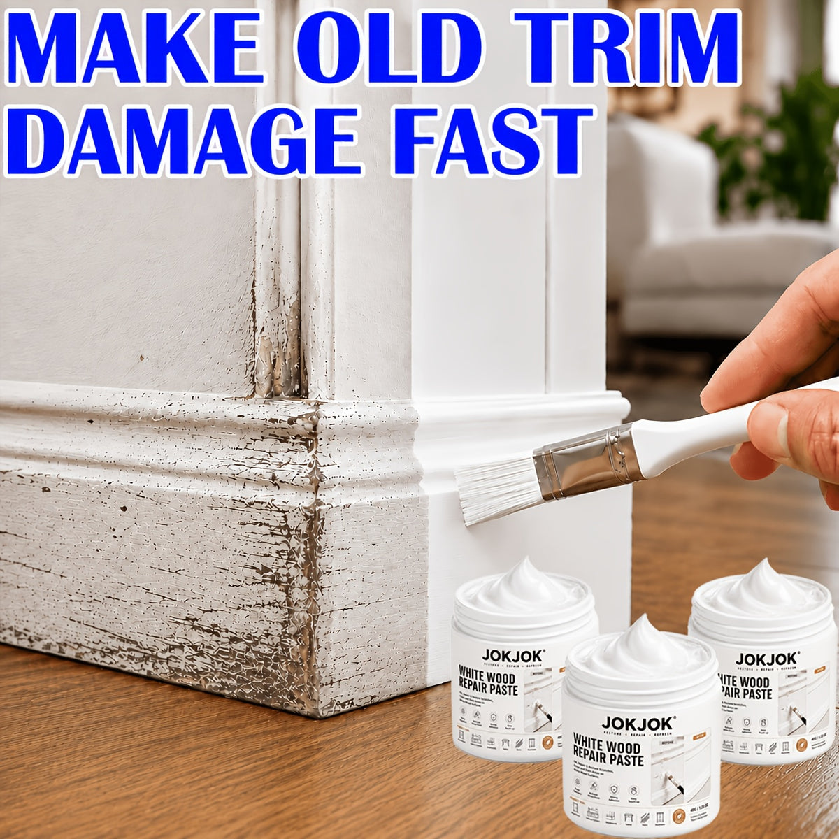 White Wood Repair Paste Kit with Paint Brush – Touch-Up Filler for Baseboards, Cabinets, Doors, Furniture & Wall Trim | Covers Scratches, Chips, Scuffs & Faded Spots | 2 or 3 Piece Set