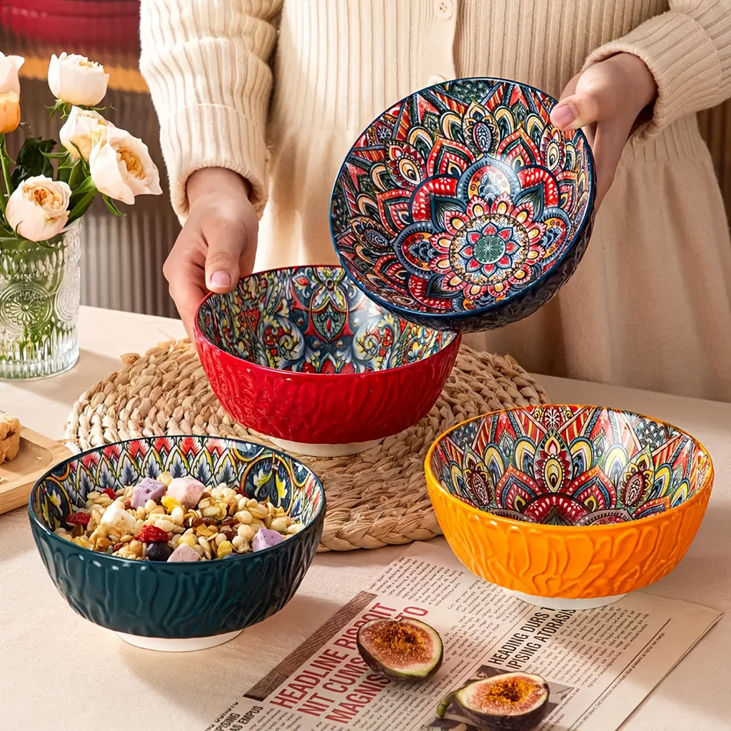 Bohemian Ceramic Salad Bowl Set of 4 with Wavy Edges 6.5" – Microwave Safe Vintage Floral Bowls for Pasta, Soup, Oatmeal & Cereal – Gift-Ready Dinnerware