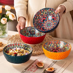Bohemian Ceramic Salad Bowl Set of 4 with Wavy Edges 6.5" – Microwave Safe Vintage Floral Bowls for Pasta, Soup, Oatmeal & Cereal – Gift-Ready Dinnerware