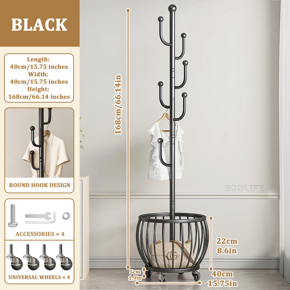 Rotating Coat Rack with Storage Basket and 6 Hooks 4 Wheels Freestanding Entryway Organizer for Coats Hats Bags