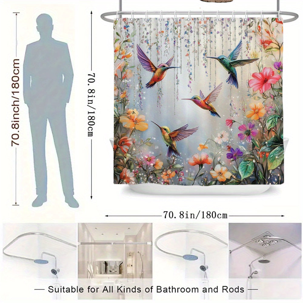 Hummingbird Floral Shower Curtain 70x70 Inch – Vibrant Iridescent Pink Orange Purple Flowers Polyester Fabric Machine Washable Nature Lover Bathroom Decor