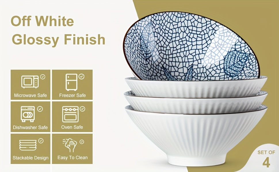 Japanese Ramen Bowls Set of 2 or 4 Ceramic Blue White Leaf Pattern 8 Inch 32oz Noodle Soup Bowl for Pho Ramen Pasta Cereal