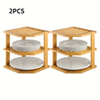 Bamboo Corner Shelf 3-Tier Set of 2 – Countertop & Cabinet Organizer for Kitchen, Bathroom, Spice Rack, Plate & Cup Storage