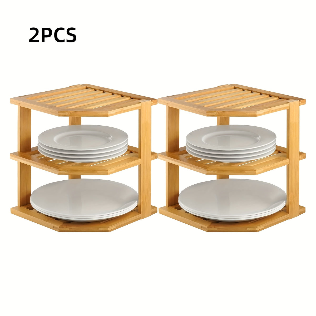 Bamboo Corner Shelf 3-Tier Set of 2 – Countertop & Cabinet Organizer for Kitchen, Bathroom, Spice Rack, Plate & Cup Storage