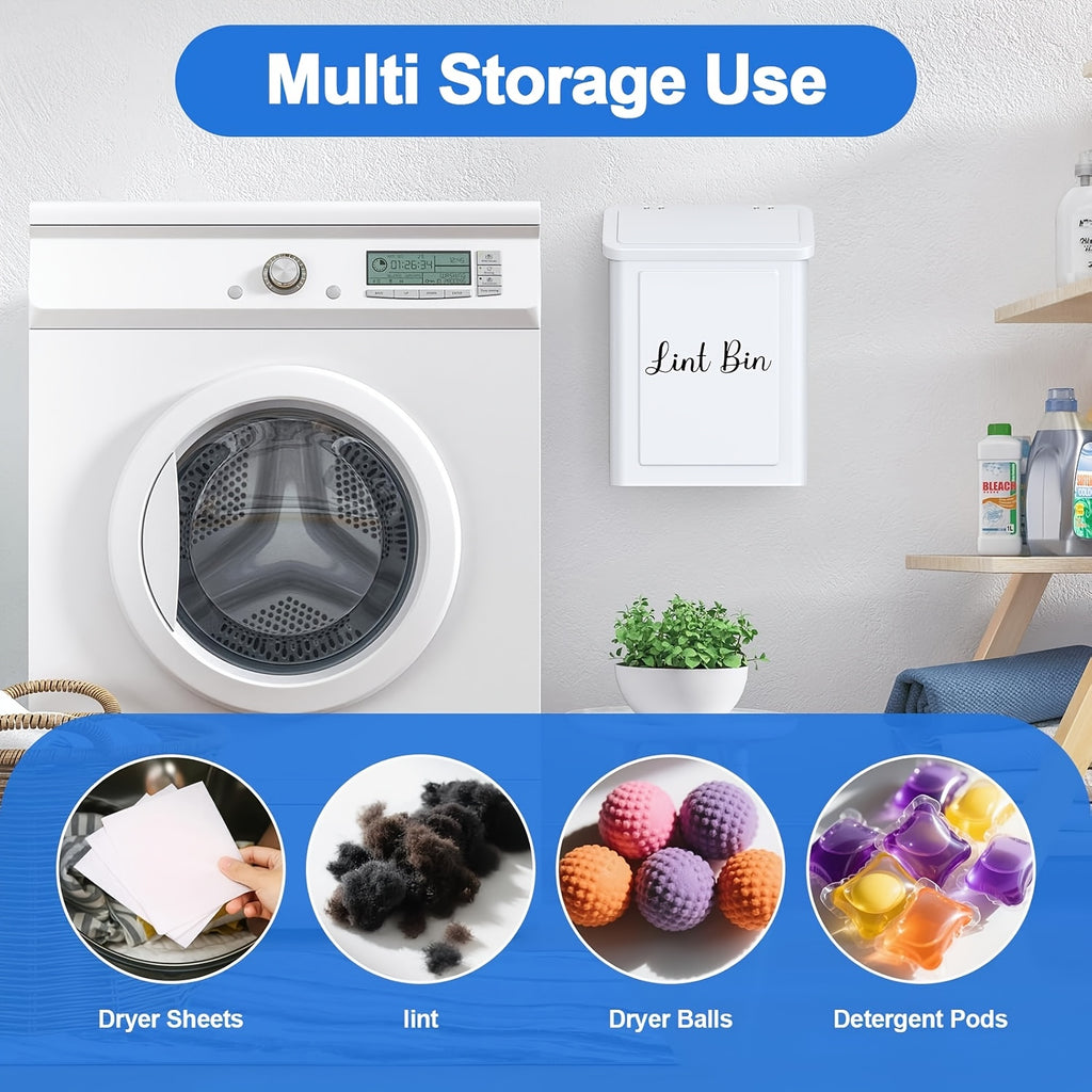 Magnetic Lint Bin for Laundry Room – Wall Mount Metal Dryer Lint Holder Trash Can with Lid, Laundry Organization, White