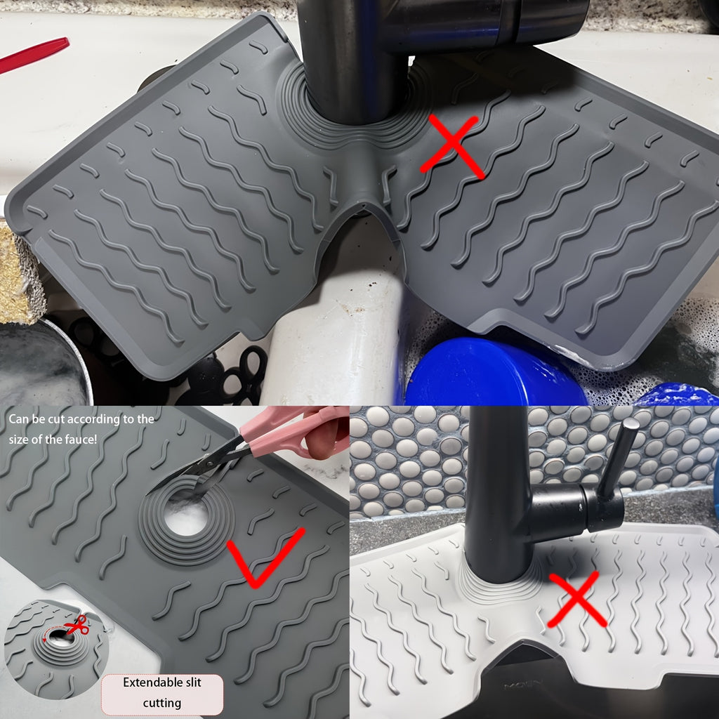 Silicone Sink Drying Mat & Faucet Splash Pad with Sponge Holder – Wave Pattern, 5° Drainage Slope, Heat-Resistant, 3 Sizes & 3 Colors for Kitchen & Bathroom Counter