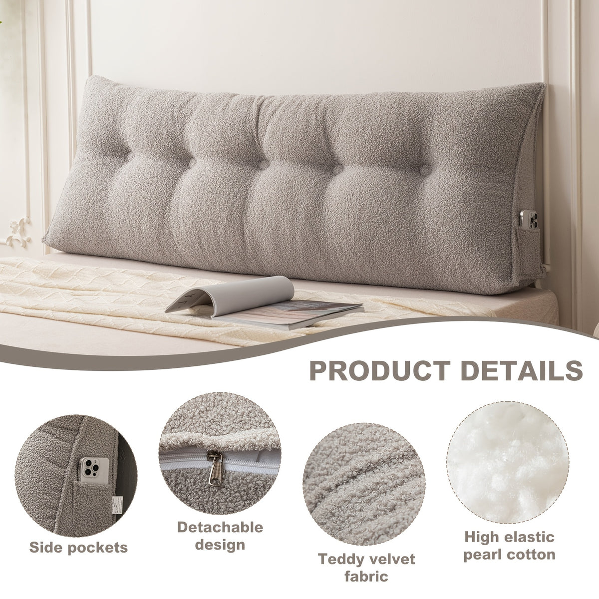 Wedge Headboard Pillow with Side Pocket Triangular Bed Reading Backrest Bolster, Teddy Velvet Removable Washable Cover Bed Gap Filler for Twin Queen King, 7 Colors