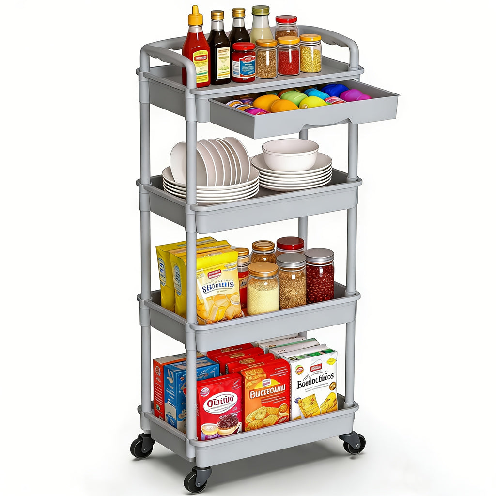 3/4-Tier Rolling Storage Cart with Drawers – Plastic Organizer with Lockable Wheels, Cup Holder & Hooks | Kitchen, Bathroom, Bedroom & Laundry Room