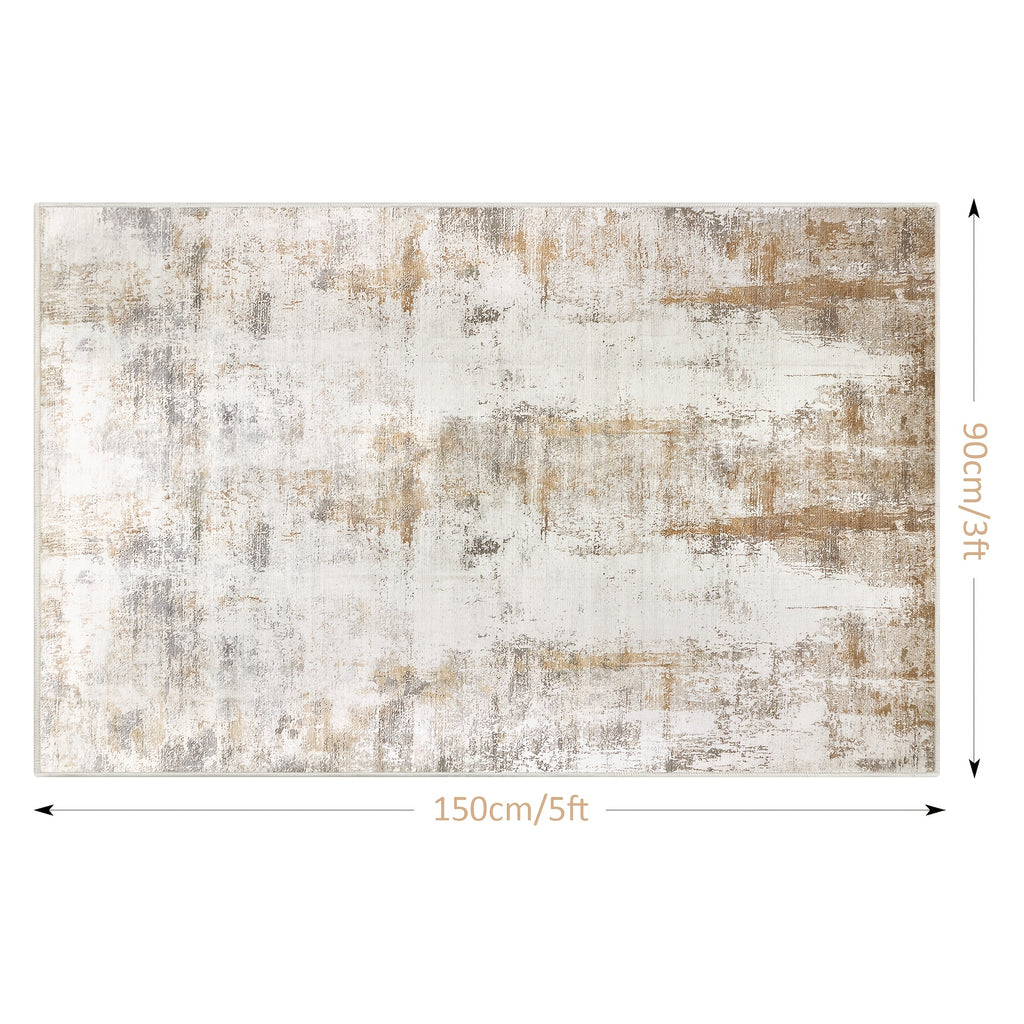 Modern Abstract Area Rug – Non-Slip Rubber Backing Washable Low Pile Rug for Bedroom Kitchen Entryway Dorm | Beige & Camel, 3 Sizes