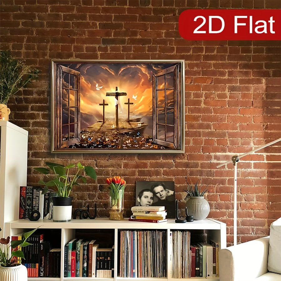 Framed Canvas Wall Art - Sunset Three Crosses Christ Landscape Window Scene, Religious Home Decor for Living Room & Bedroom, Faith-Inspired Wall Decor Gift