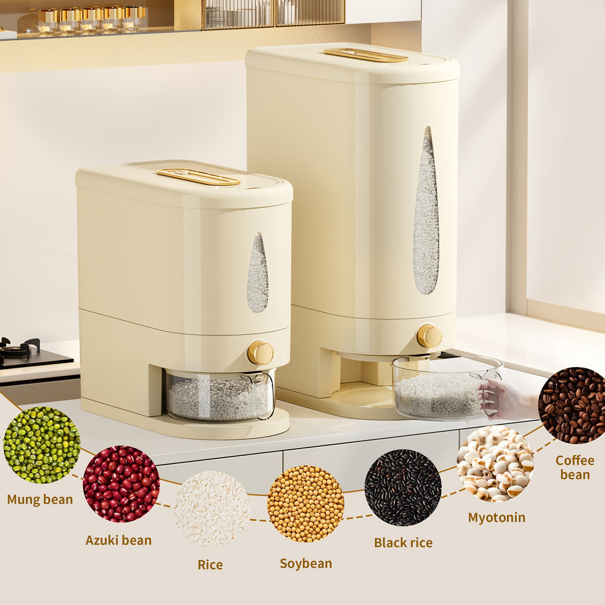 Large Capacity Rice Dispenser & Sealed Storage Box – Press-Type Measuring Cup, Moisture-Proof & Insect-Proof, for Rice, Flour, Coffee Beans, Legumes & Pet Food – 11LB & 22LB Options