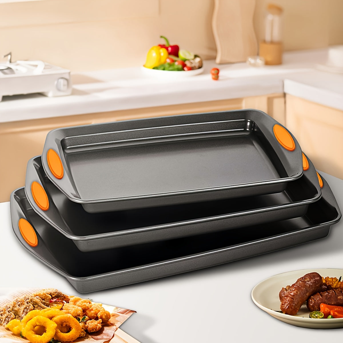 Non-Stick Baking Sheet Set with Silicone Handles – Heavy Carbon Steel Cookie Trays, Stackable, Assorted Sizes, 2/3/6/12/24 Pack for Baking & Roasting