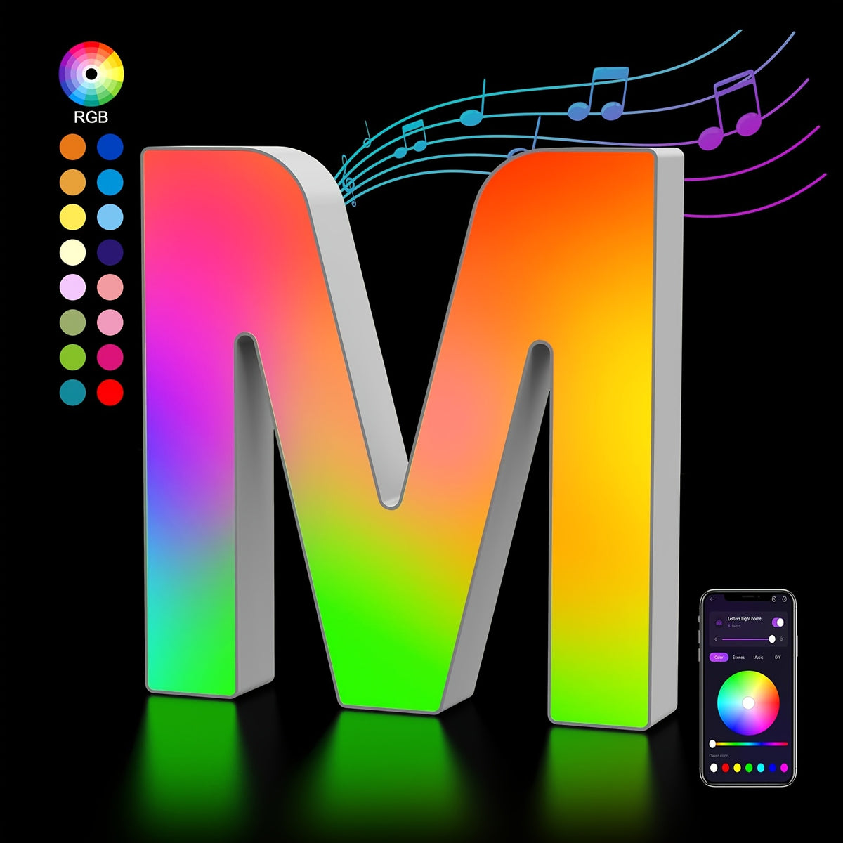 LED Alphabet Letter Lights with Music Sync, Colorful Flashing Marquee Letters for Bedroom, Party, Game Day & Festival Decor