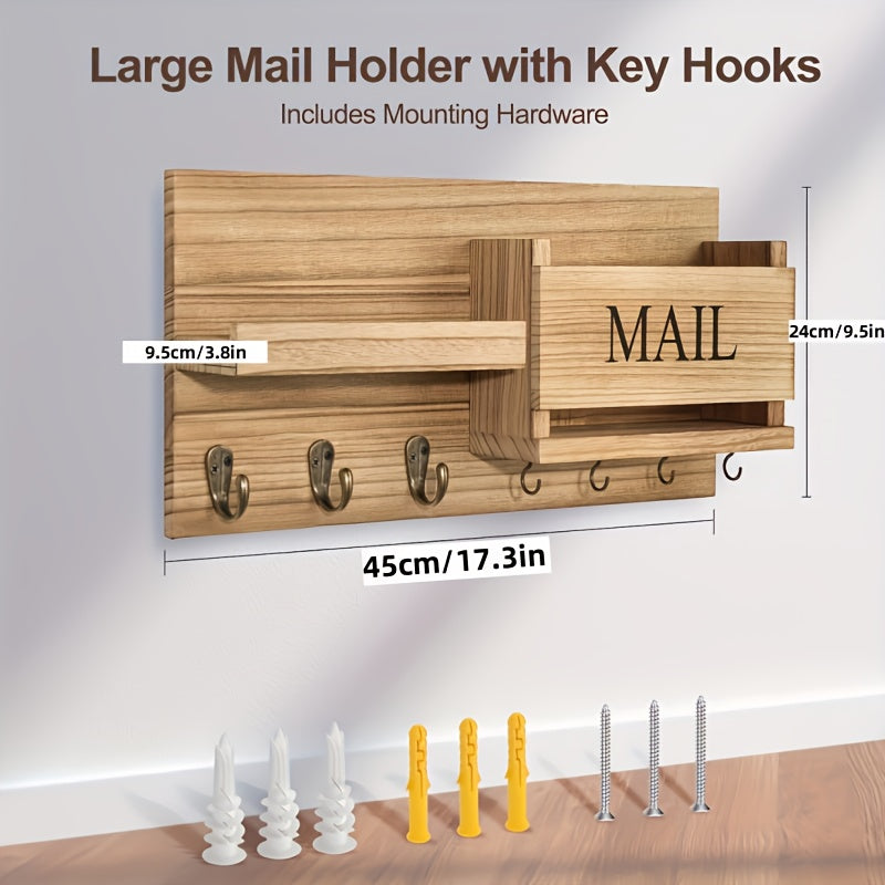 Solid Wood Wall-Mounted Storage Rack with Mailbox Slot, Door Handle & Decorative Hooks – Multifunctional Entryway Organizer for Keys, Hats & Books, Space-Saving Wall Shelf for Bedroom, Bathroom & Living Room