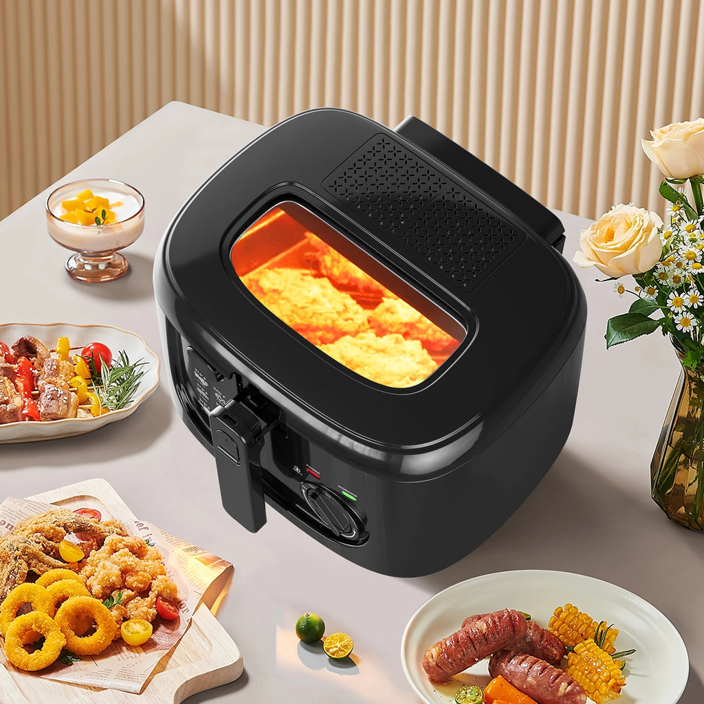 1500W Electric Deep Fryer 84.54oz – Non-Stick Basket, Adjustable Temperature Control, Viewing Window & Removable Lid | Easy Clean | Black & White