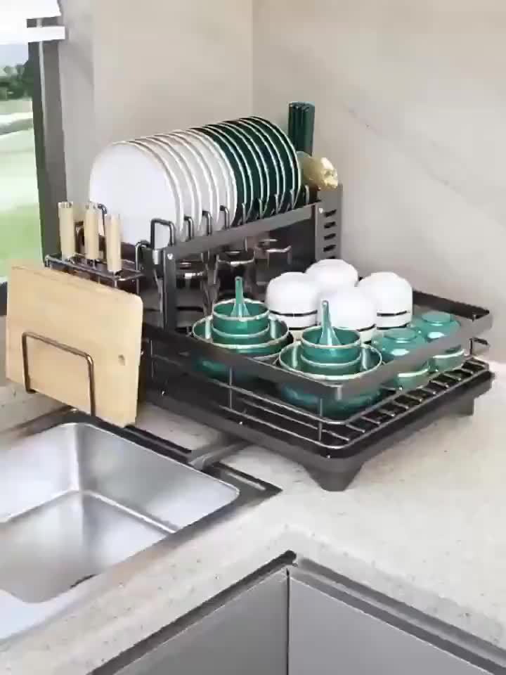 2-Tier Dish Drying Rack with Drainboard - Large Capacity Kitchen Counter Dish Drainer with Utensil Holder - Space-Saving Dish Rack for Kitchen Sink and Counter