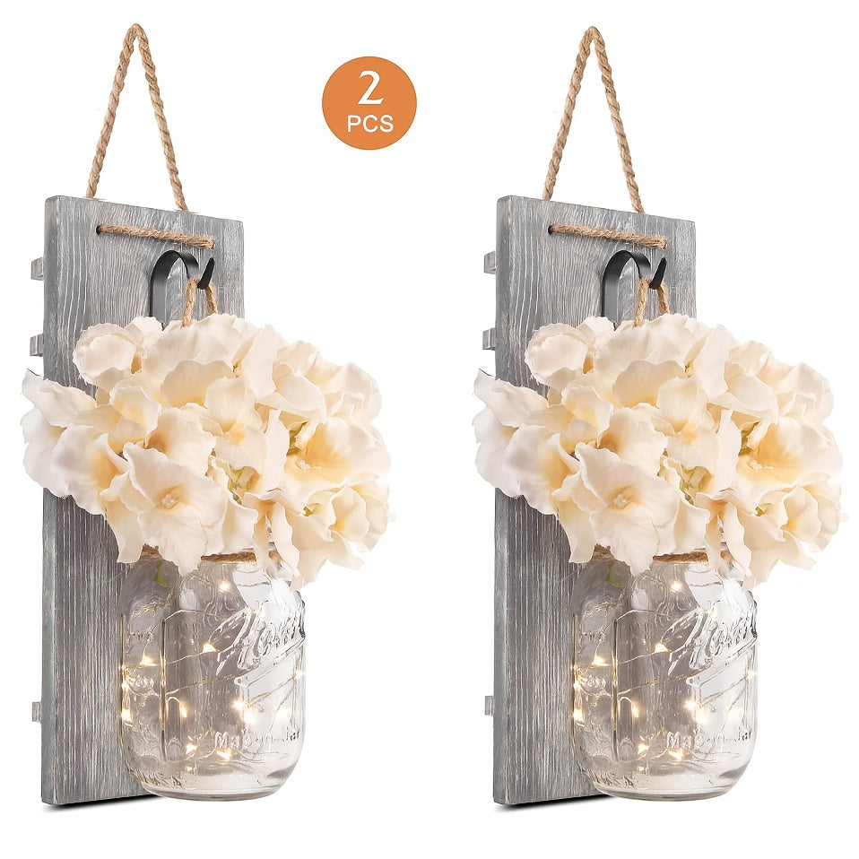 Mason Jar Wall Decor Set of 2 – Rustic Farmhouse Wall Sconces with Ivory Hydrangea Flowers & Light Fixture | Handmade Home Decor