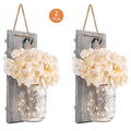Mason Jar Wall Decor Set of 2 – Rustic Farmhouse Wall Sconces with Ivory Hydrangea Flowers & Light Fixture | Handmade Home Decor