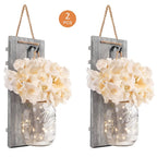 Mason Jar Wall Decor Set of 2 – Rustic Farmhouse Wall Sconces with Ivory Hydrangea Flowers & Light Fixture | Handmade Home Decor
