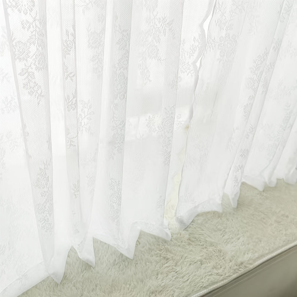 Vintage Floral Lace Sheer Curtains 2 Panels - Yarn-Dyed Dotted Netting Rustic Pastoral Semi-Sheer, 59" Wide Light Filtering Machine Washable for Living Room Kitchen Door Outdoor Wedding, White Green Black