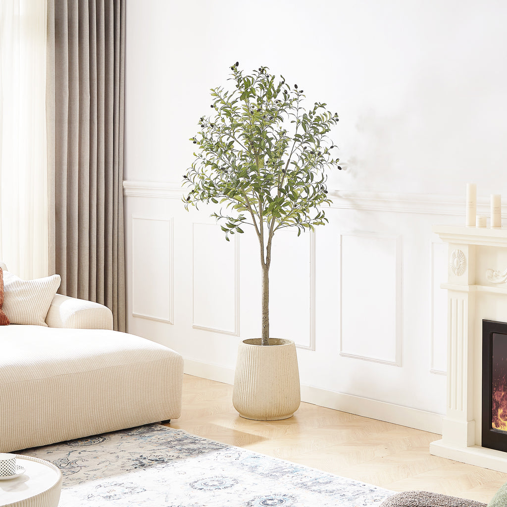 Tall Artificial Olive Tree 5/6/7FT Thick Trunk Indoor Faux Olive Plant with Lush Leaves & Berries for Living Room, Kitchen & Home Decor, Spring Summer Decoration