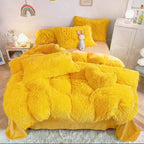 Plush Faux Fur Duvet Cover Set for Kids & Teens, 3/4 Pcs with Pillowcases & Heart Pillow, Super Soft Warm Faux Fur Comforter Cover, Machine Washable Lodge Style Bedding, Twin Queen King