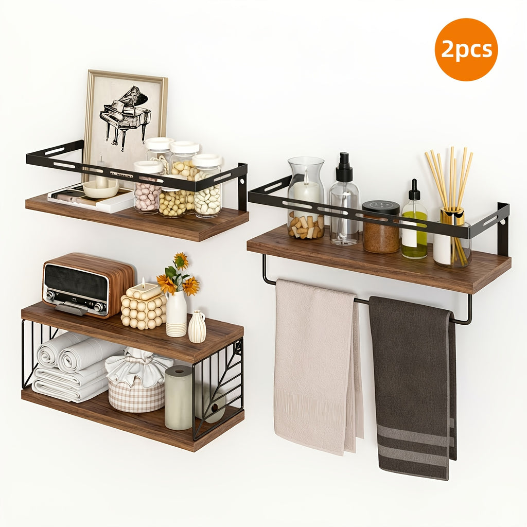 Wall Mounted Shelf 3+1 Tier with Black Metal Guardrails and Storage Baskets Space Saving Floating Shelves for Kitchen Bathroom Bedroom Living Room Home Decor