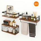 Wall Mounted Shelf 3+1 Tier with Black Metal Guardrails and Storage Baskets Space Saving Floating Shelves for Kitchen Bathroom Bedroom Living Room Home Decor