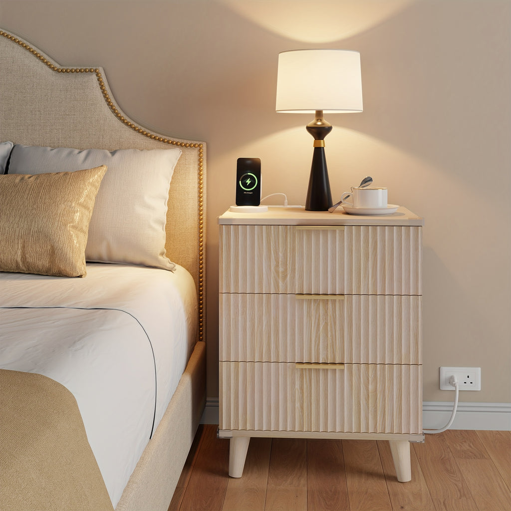 Nightstand with Charging Station – 3-Drawer Bedside Table with 2 USB Ports & 2 AC Outlets, Small Bedroom Side Table | Set of 1 or 2 | Wood, Black, White, Brown